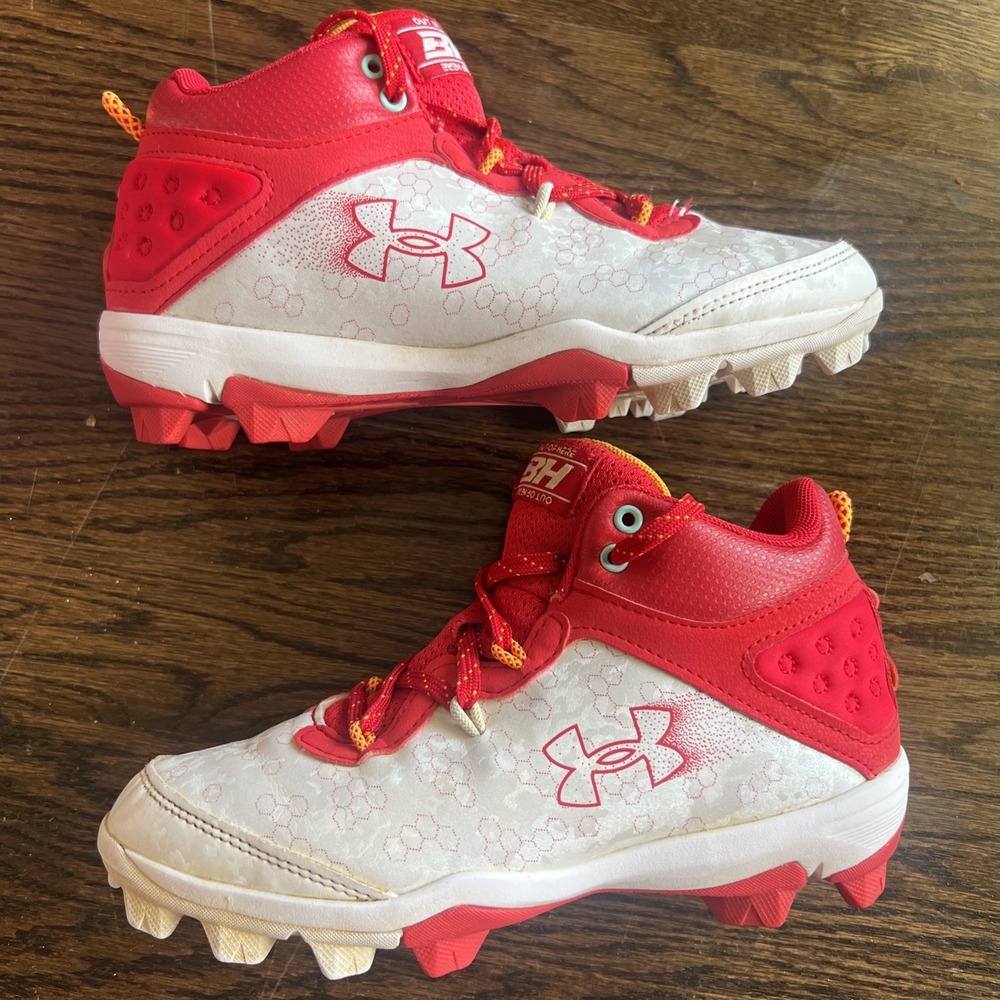 Under Armour Youth Harper 8 Mid RM JR 3Y Baseball Cleats Red White 3026597-600